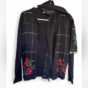 White Stag Black Cardigan with Holiday Floral beading and detachable scarf